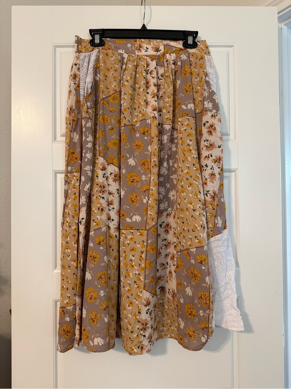 Roolee Mustard and Taupe Patchwork Floral Midi Skirt